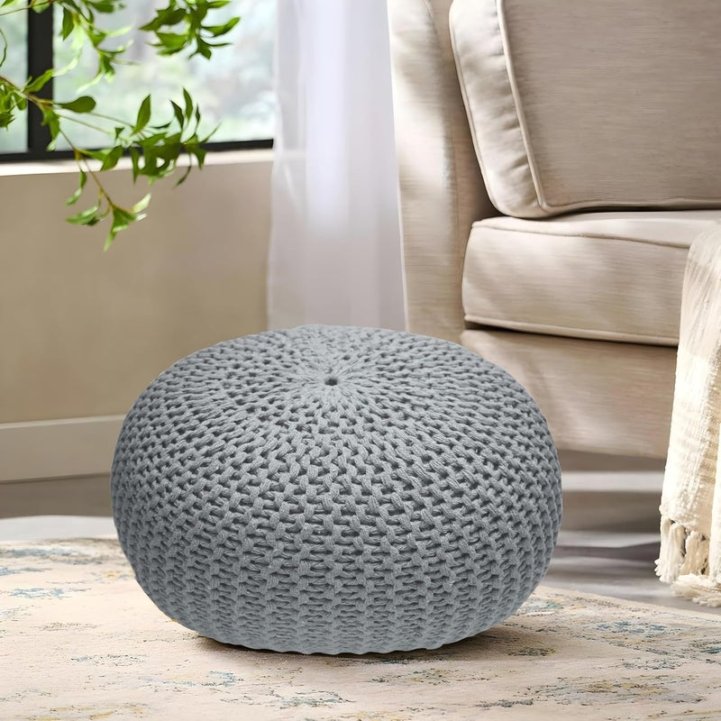 Bedding Craft Round Pouf Foot Stool Ottoman - Hand Knitted Bean Bag - Gray - Image 5
